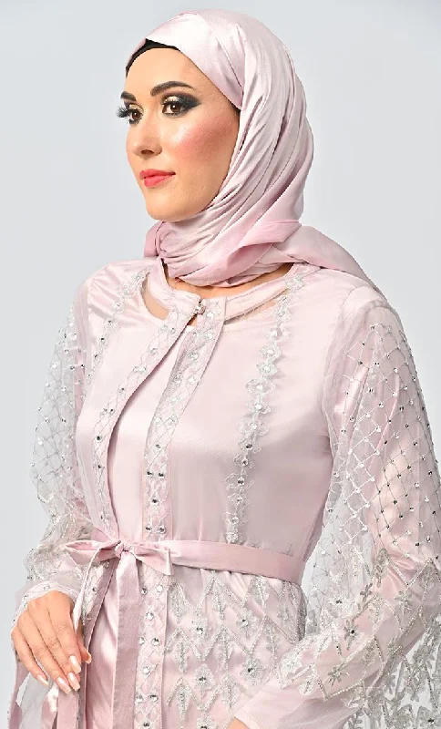 Fancy All Over Aari And Hand Work Embellished Abaya Designer Dress With Matching Hijab And Inner