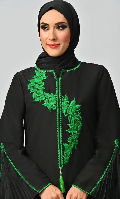 Fara Green Islamic Embroidered Abaya With Front Tassel And Bell Sleeves