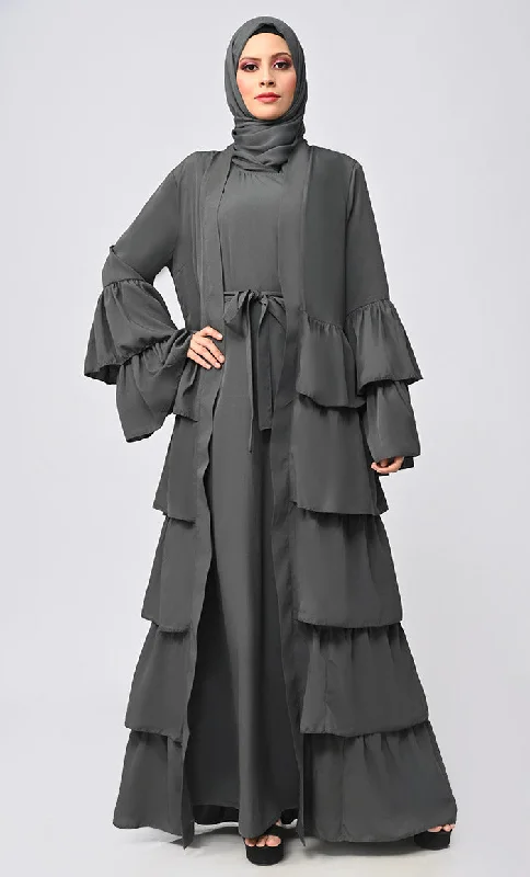 Graceful Layers: The Grey Tiered Abaya Dress With Inner Lining