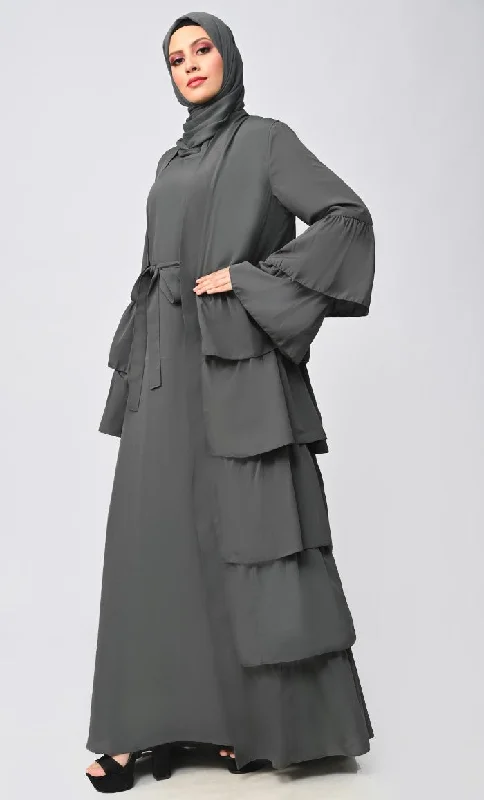 Graceful Layers: The Grey Tiered Abaya Dress With Inner Lining