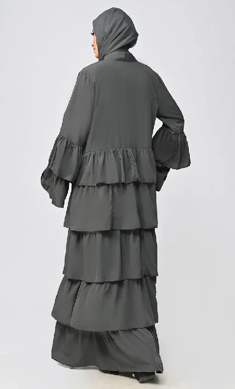 Graceful Layers: The Grey Tiered Abaya Dress With Inner Lining