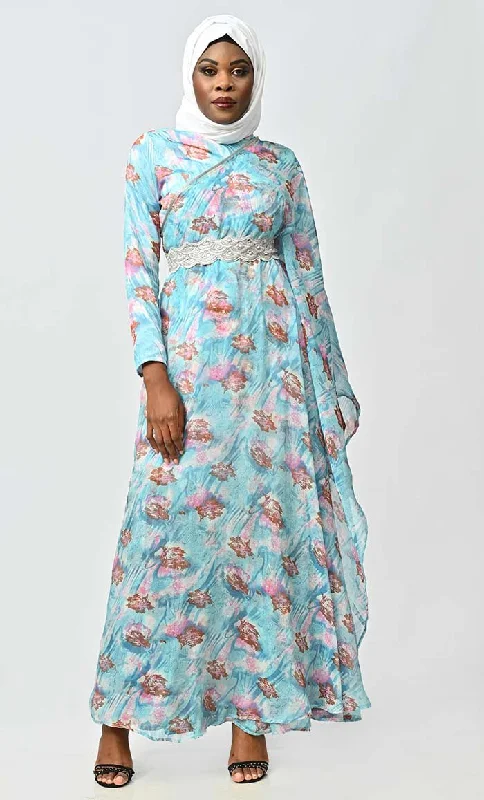 Graceful One Side Flared Printed Georgette Abaya With Embroidered Belt