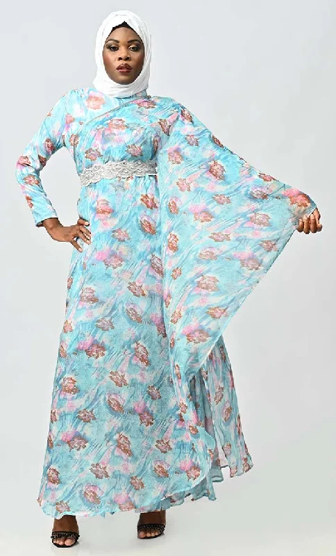 Graceful One Side Flared Printed Georgette Abaya With Embroidered Belt