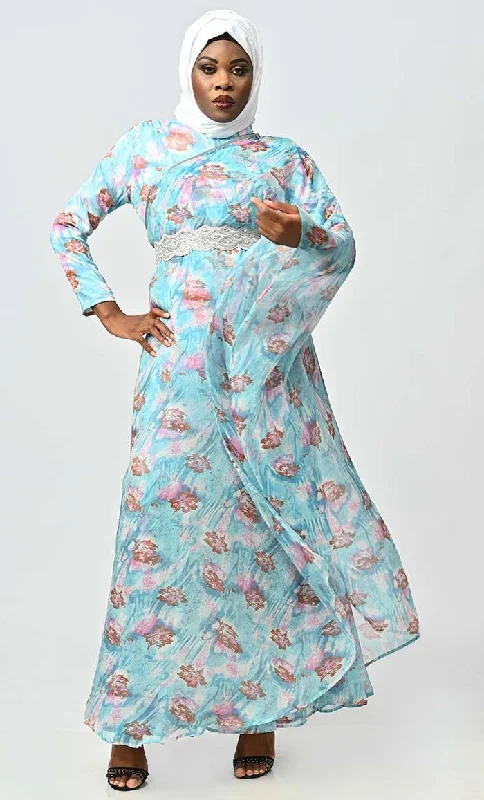 Graceful One Side Flared Printed Georgette Abaya With Embroidered Belt