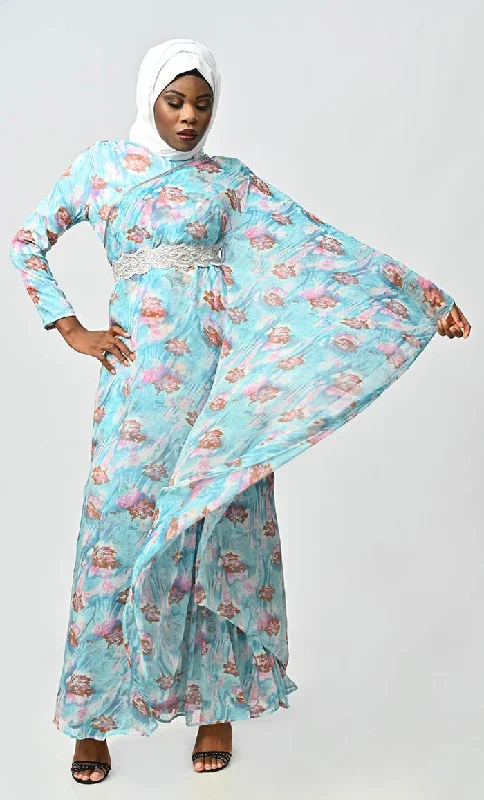 Graceful One Side Flared Printed Georgette Abaya With Embroidered Belt