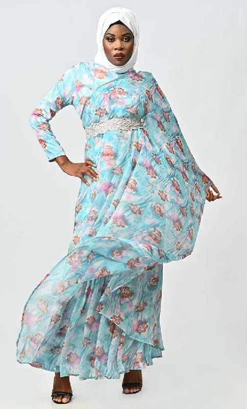 Graceful One Side Flared Printed Georgette Abaya With Embroidered Belt