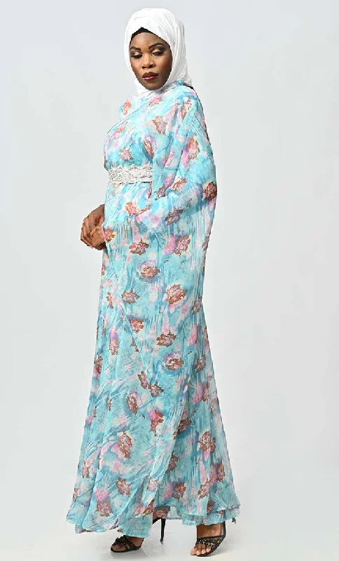 Graceful One Side Flared Printed Georgette Abaya With Embroidered Belt