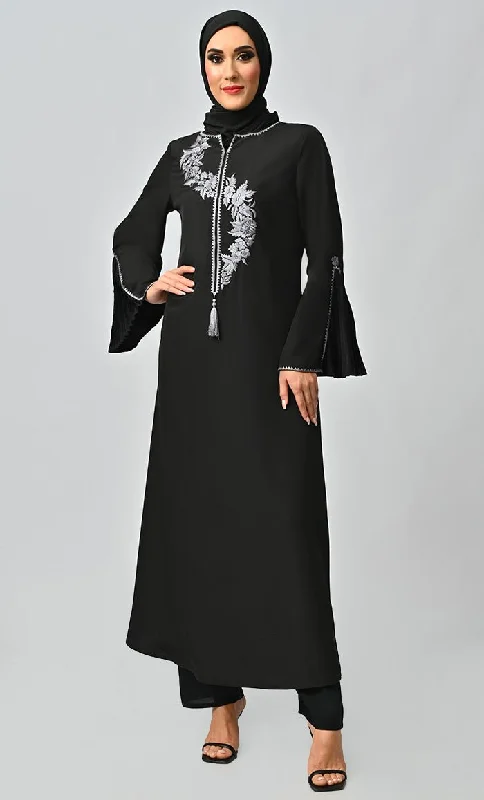 Grey Islamic Embroidered Abaya With Front Tassel And Bell Sleeves