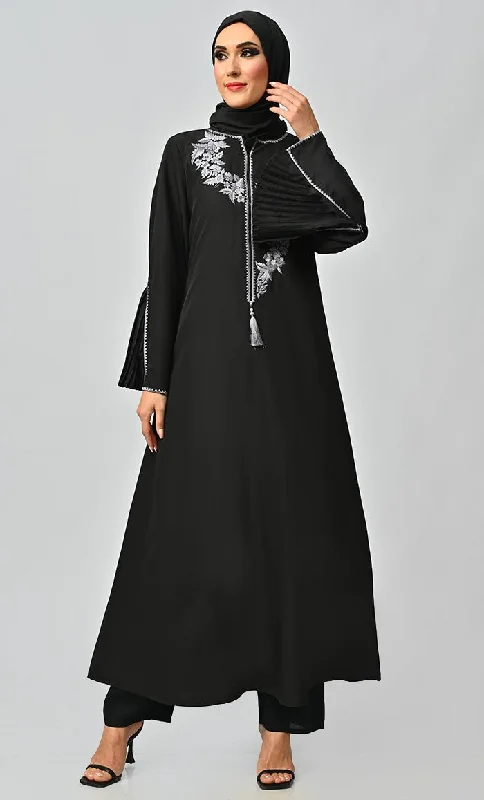 Grey Islamic Embroidered Abaya With Front Tassel And Bell Sleeves