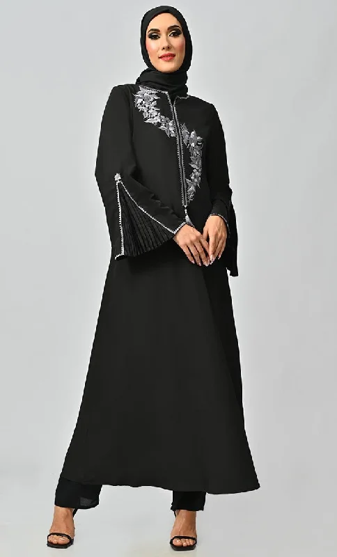 Grey Islamic Embroidered Abaya With Front Tassel And Bell Sleeves