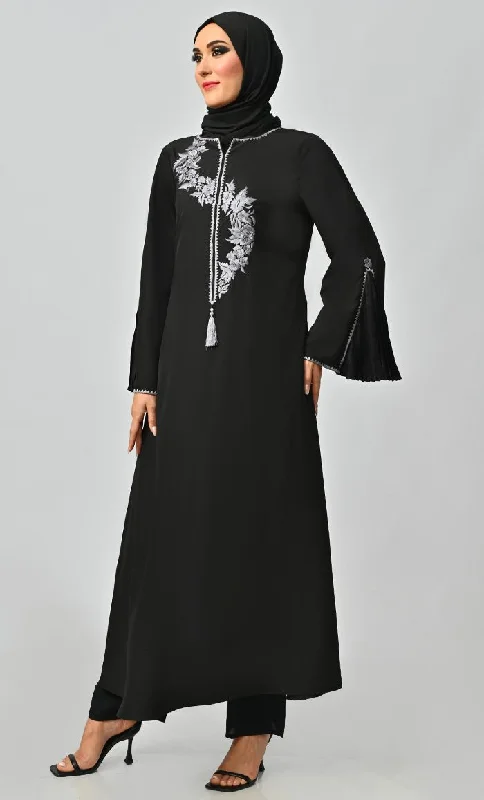 Grey Islamic Embroidered Abaya With Front Tassel And Bell Sleeves