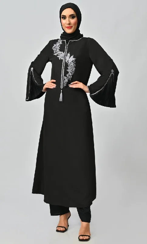 Grey Islamic Embroidered Abaya With Front Tassel And Bell Sleeves