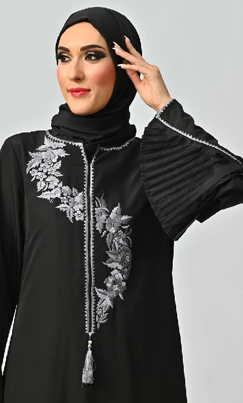 Grey Islamic Embroidered Abaya With Front Tassel And Bell Sleeves