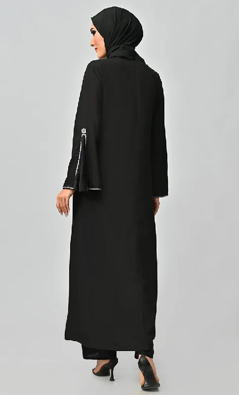 Grey Islamic Embroidered Abaya With Front Tassel And Bell Sleeves