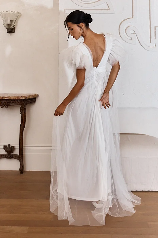 Heaven's Love Deep V-Neck Tulle Maxi Dress White