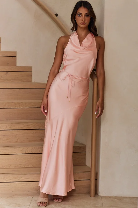 India Cowl Halterneck Satin Maxi Dress Blush