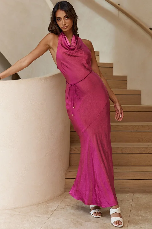 India Cowl Halterneck Satin Maxi Dress Fuchsia