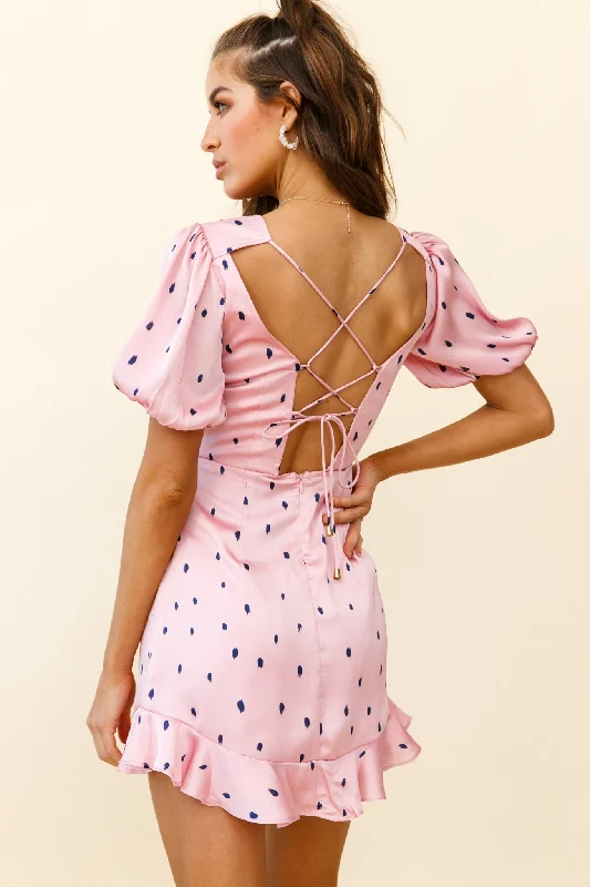 Indiana Puff Sleeve Lace-Up Back Dress Spot Print Pink