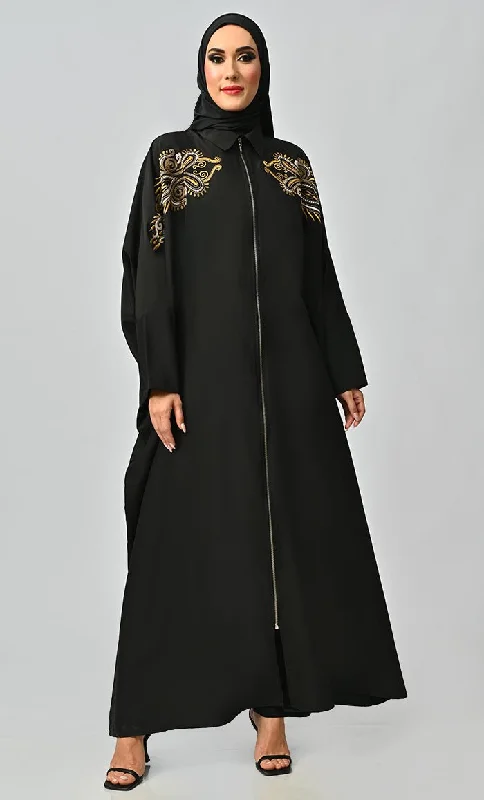 Islamic Golden Embroidery Detailing Kaftan Abaya With Front Zipper