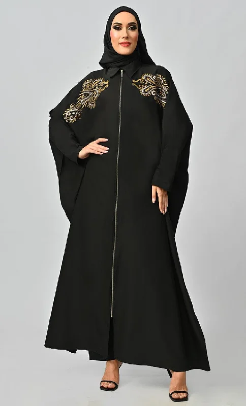 Islamic Golden Embroidery Detailing Kaftan Abaya With Front Zipper