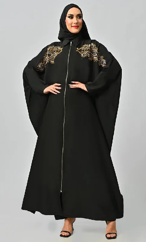 Islamic Golden Embroidery Detailing Kaftan Abaya With Front Zipper