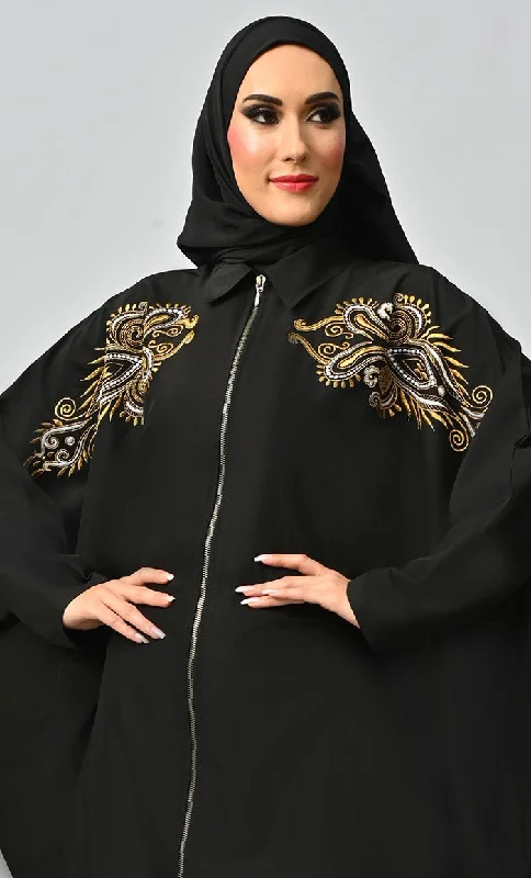 Islamic Golden Embroidery Detailing Kaftan Abaya With Front Zipper