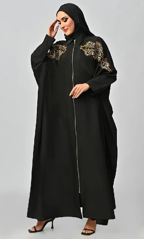 Islamic Golden Embroidery Detailing Kaftan Abaya With Front Zipper