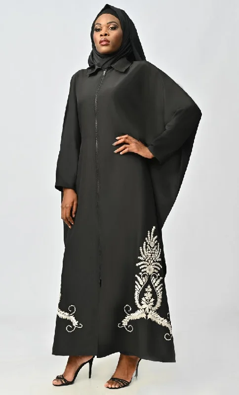 Islamic White Embroidery Detailing Kaftan Abaya With Front Zipper