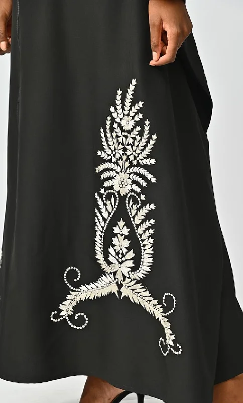 Islamic White Embroidery Detailing Kaftan Abaya With Front Zipper