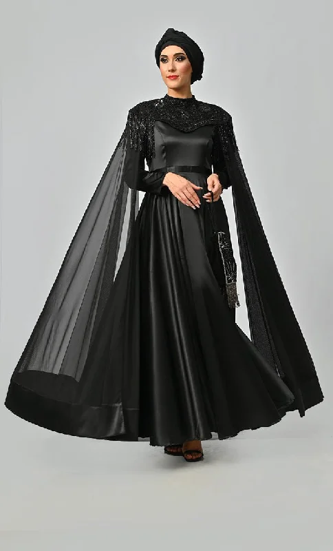 Arabian Queen Hand Embroidered Collar Satin Abaya With Intricate Tassel Details