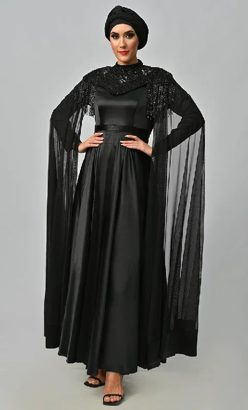 Arabian Queen Hand Embroidered Collar Satin Abaya With Intricate Tassel Details