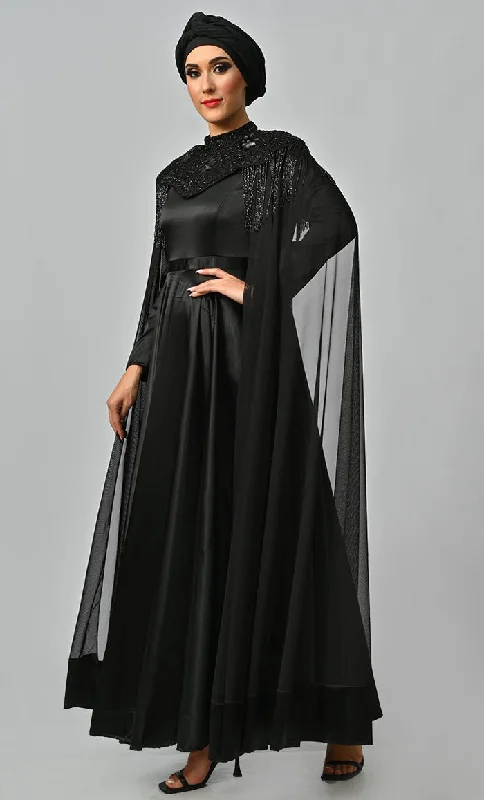 Arabian Queen Hand Embroidered Collar Satin Abaya With Intricate Tassel Details