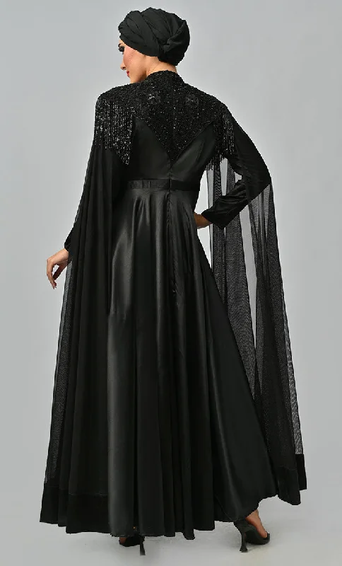 Arabian Queen Hand Embroidered Collar Satin Abaya With Intricate Tassel Details