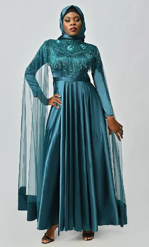 Arabian Queen Hand Embroidered Collar Satin Abaya With Intricate Tassel Details