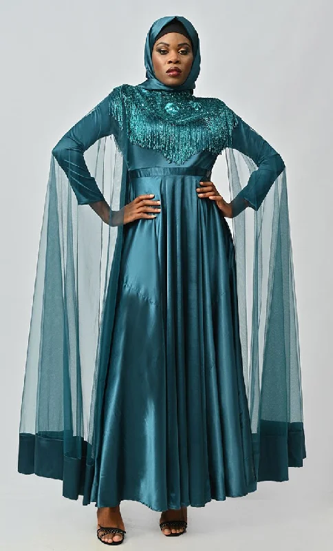 Arabian Queen Hand Embroidered Collar Satin Abaya With Intricate Tassel Details