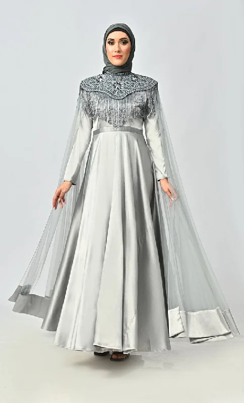 Grey Detailed Hand And Machine Embroidery Abaya With Heavy Tassels