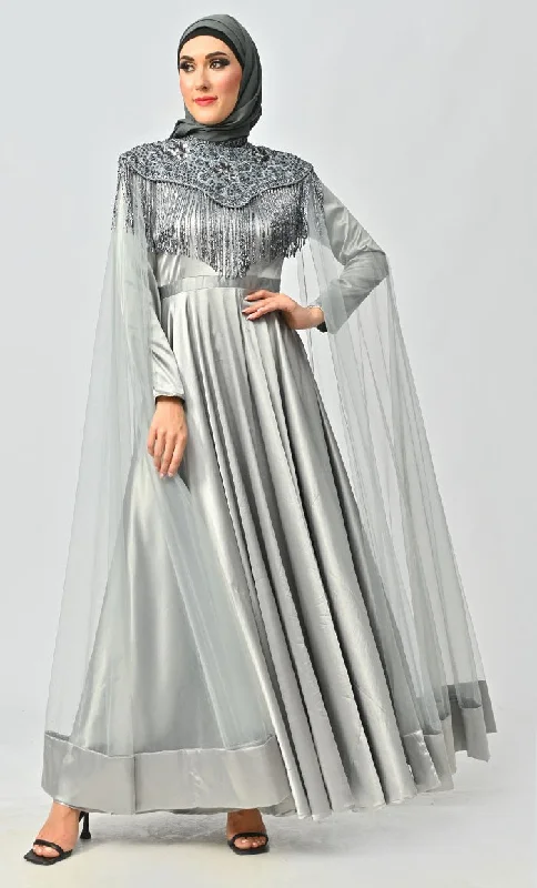 Grey Detailed Hand And Machine Embroidery Abaya With Heavy Tassels