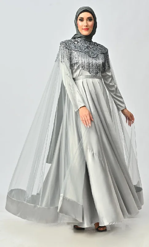 Grey Detailed Hand And Machine Embroidery Abaya With Heavy Tassels