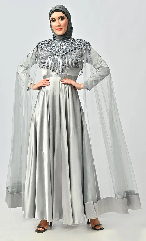 Grey Detailed Hand And Machine Embroidery Abaya With Heavy Tassels