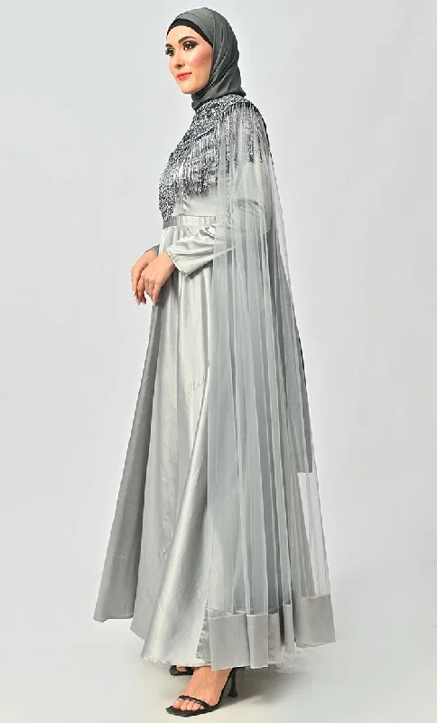 Grey Detailed Hand And Machine Embroidery Abaya With Heavy Tassels