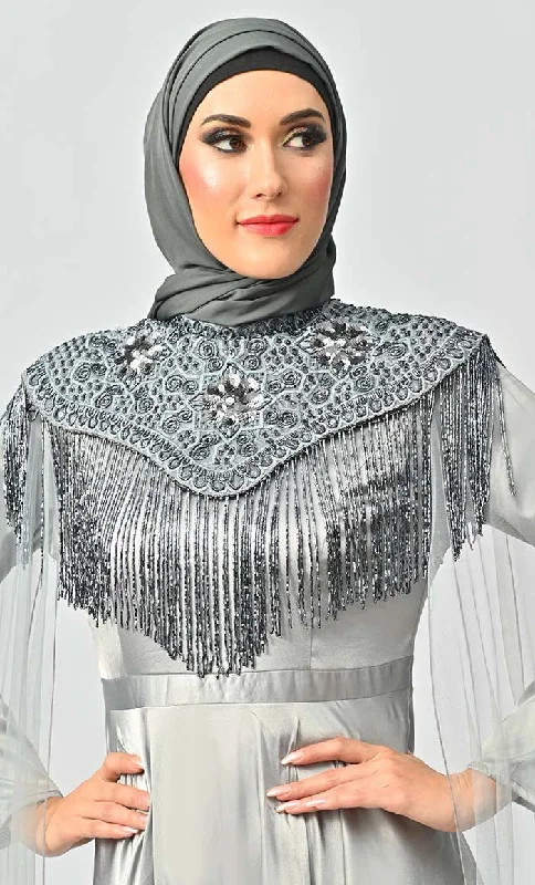 Grey Detailed Hand And Machine Embroidery Abaya With Heavy Tassels