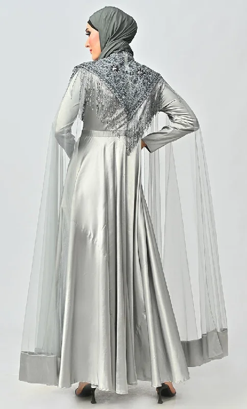 Grey Detailed Hand And Machine Embroidery Abaya With Heavy Tassels