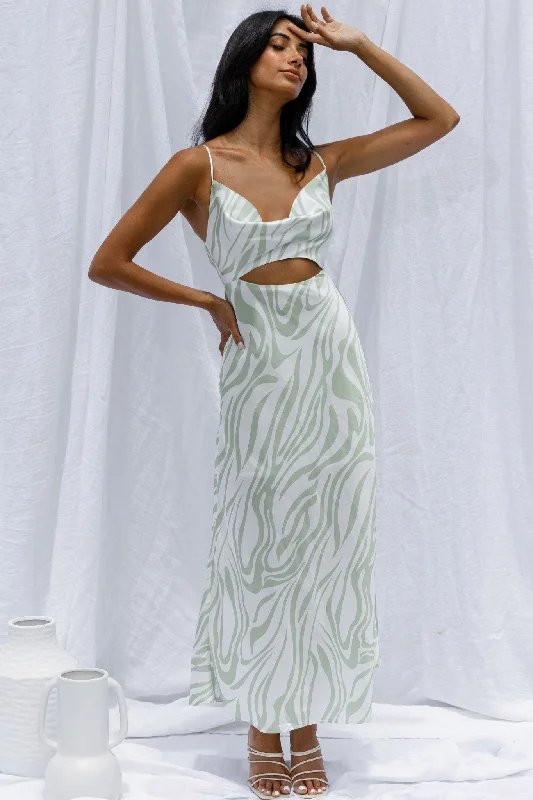 Jasper Cowl Neck Cut-Out Drawstring Back Midi Dress Zebra Print Lime