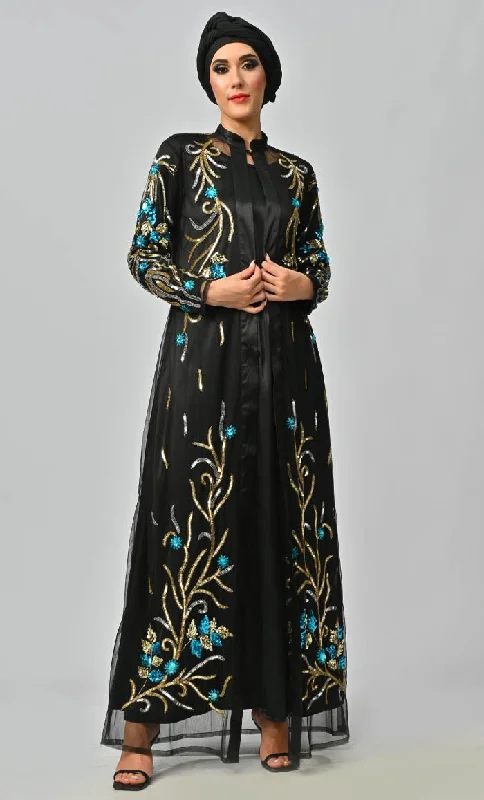 Korean Jewelled All Over Hand Embellished Royal Abaya Dress With Matching Hijab