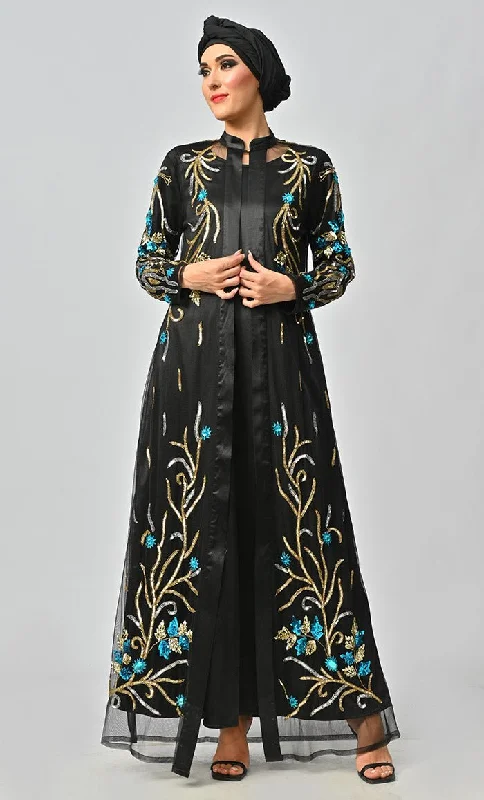 Korean Jewelled All Over Hand Embellished Royal Abaya Dress With Matching Hijab