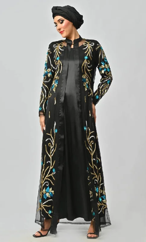 Korean Jewelled All Over Hand Embellished Royal Abaya Dress With Matching Hijab