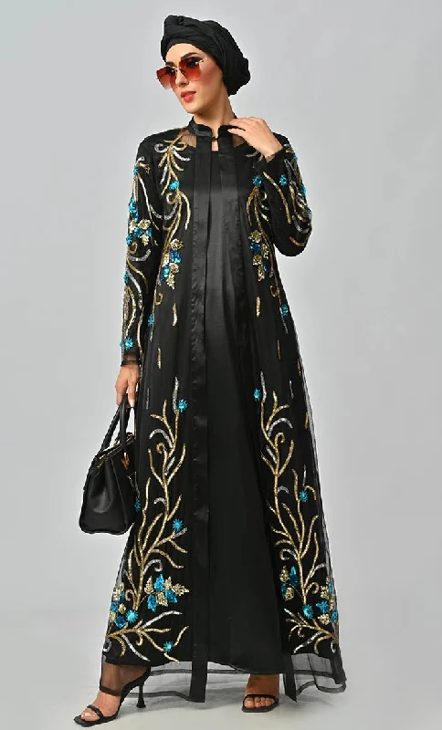 Korean Jewelled All Over Hand Embellished Royal Abaya Dress With Matching Hijab