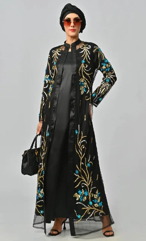 Korean Jewelled All Over Hand Embellished Royal Abaya Dress With Matching Hijab