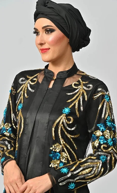 Korean Jewelled All Over Hand Embellished Royal Abaya Dress With Matching Hijab