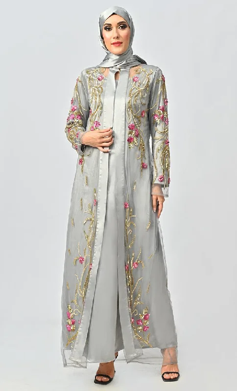 Korean Silver Jewelled All Over Hand Embellished Royal Abaya Dress With Matching Hijab